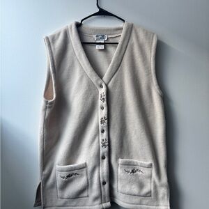 Vintage Cream Fleece Vest with Purple Flowers - Women’s L | Unisex M
